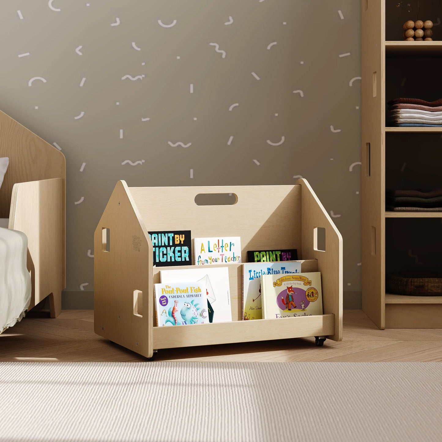 Bibliothèque enfant double-face sur roulettes - nature BusyKids Europe s.r.o.