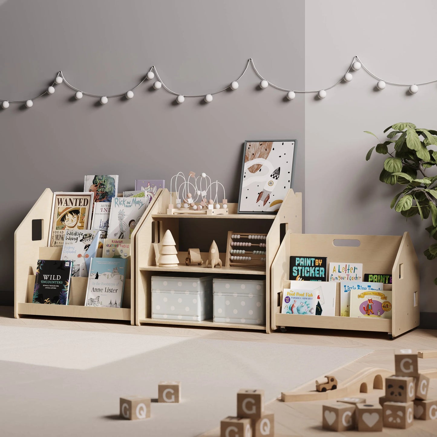 Bibliothèque enfant double-face sur roulettes - nature BusyKids Europe s.r.o.