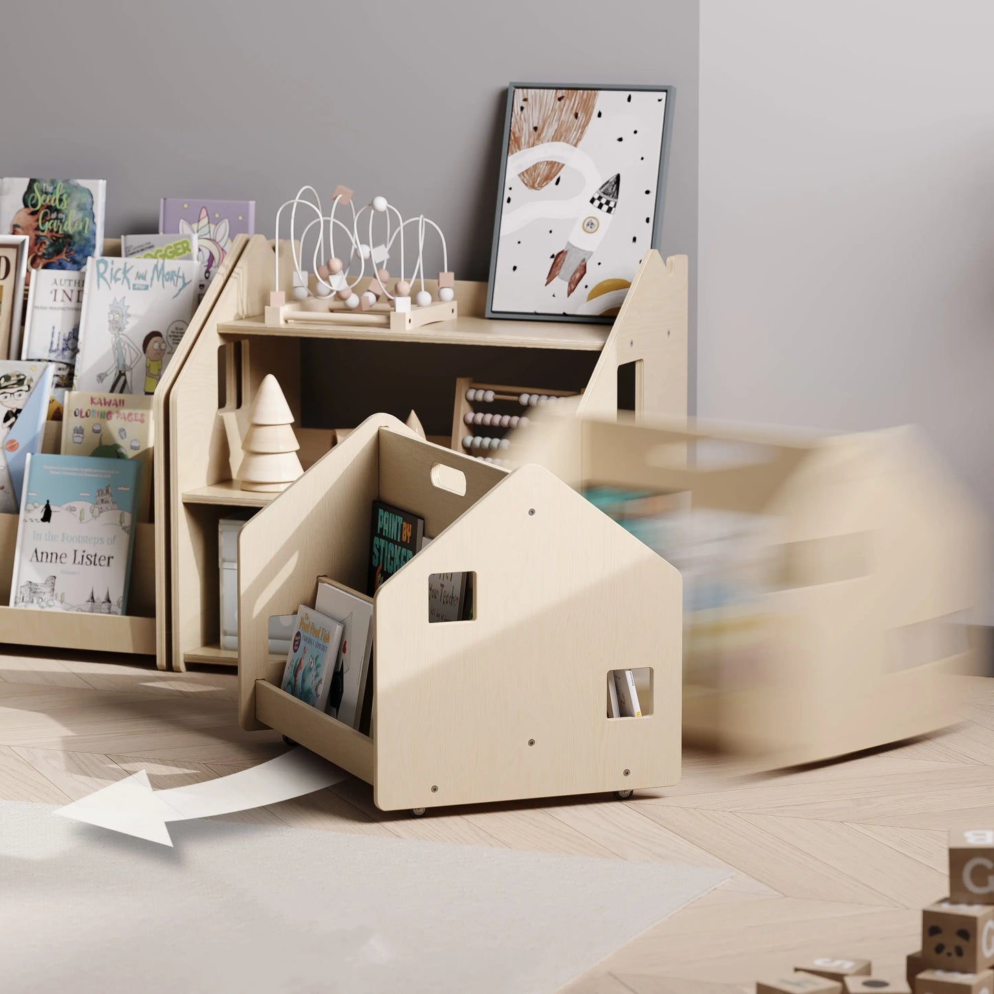 Bibliothèque enfant double-face sur roulettes - nature BusyKids Europe s.r.o.