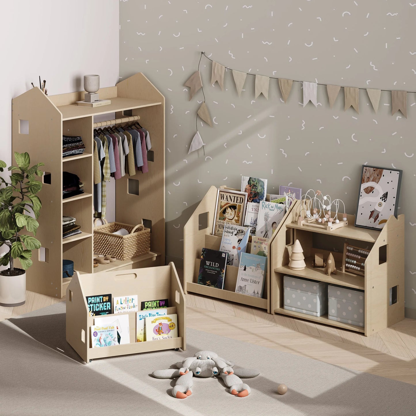 Bibliothèque enfant double-face sur roulettes - nature BusyKids Europe s.r.o.