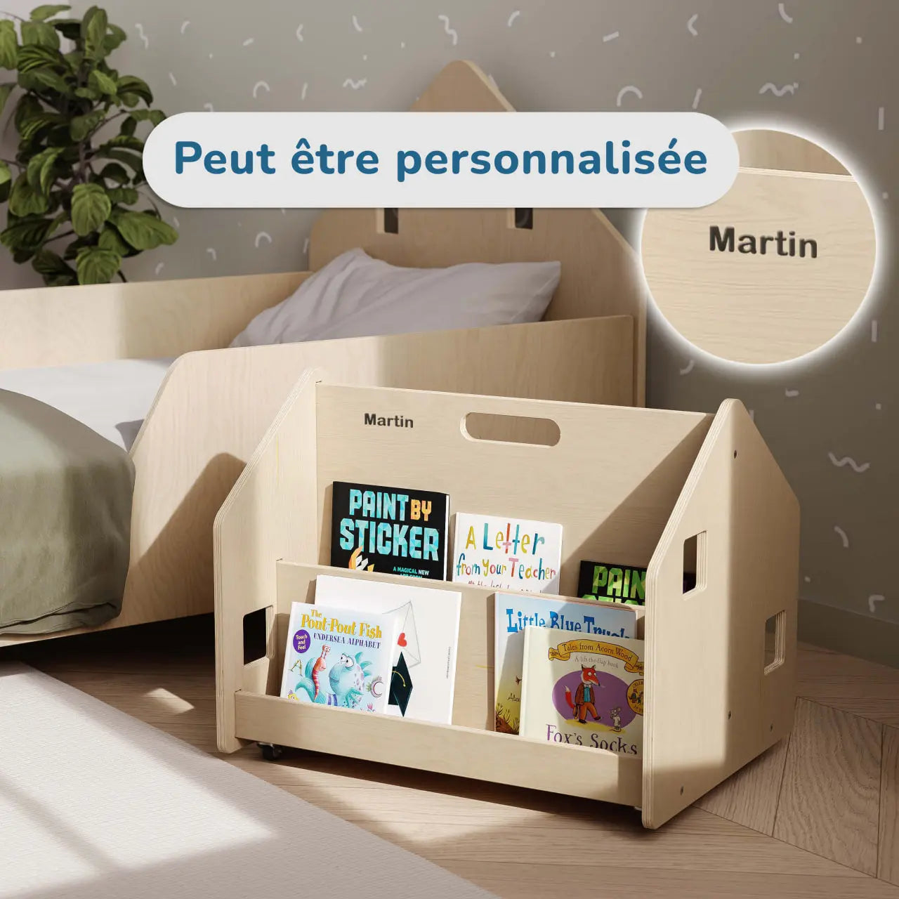Bibliothèque enfant double-face sur roulettes - nature BusyKids Europe s.r.o.