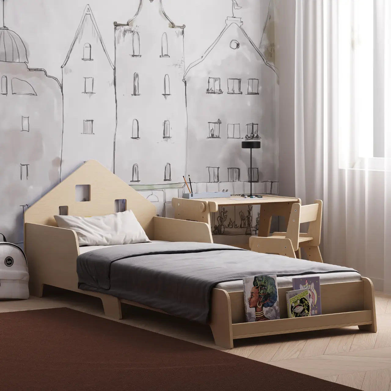 Lit montessori extensible en forme de maison avec éclairage LED BusyKids Europe s.r.o.