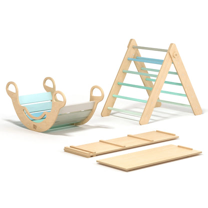 Ensemble (grand) - Triangle de Pikler + 2 planches à double face + bascule d’équilibre