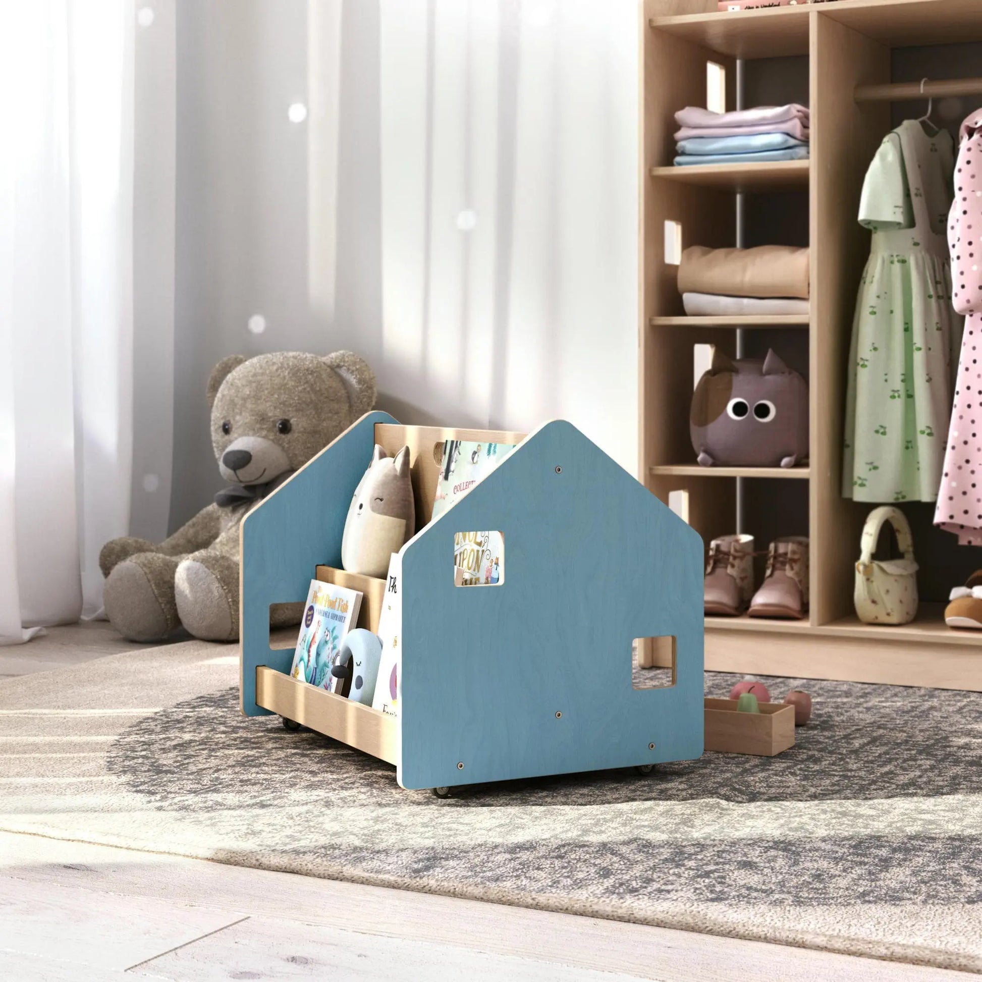 Bibliothèque enfant double-face sur roulettes - Couleur bleu clair BusyKids Europe s.r.o.