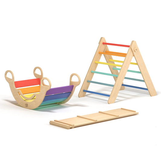 Ensemble - Triangle de Pikler + un grand toboggan à double face + bascule d’équilibre