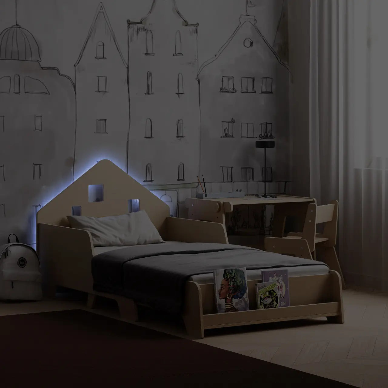 Lit montessori extensible en forme de maison avec éclairage LED BusyKids Europe s.r.o.