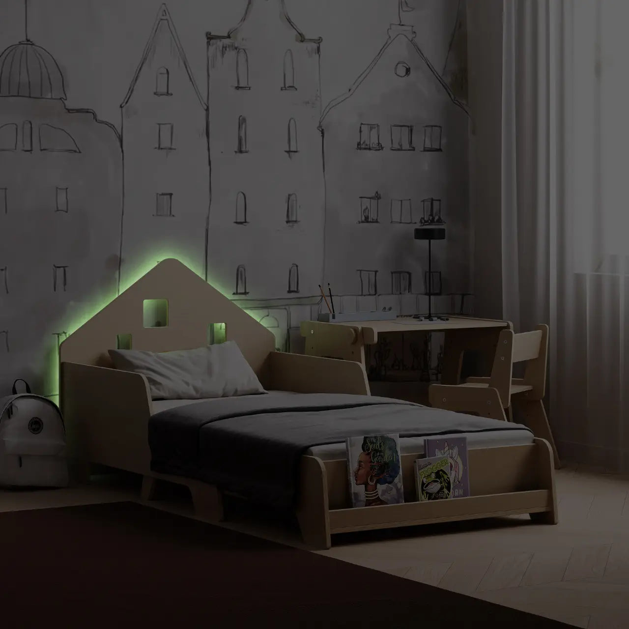 Lit montessori extensible en forme de maison avec éclairage LED BusyKids Europe s.r.o.