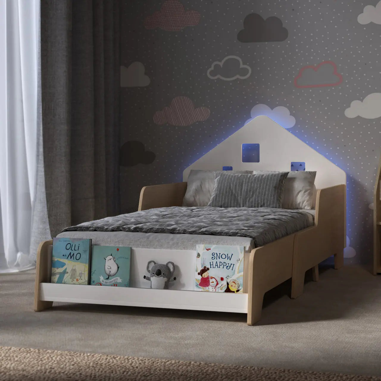 Lit Montessori extensible en forme de maison avec éclairage LED – Couleur blanche BusyKids Europe s.r.o.