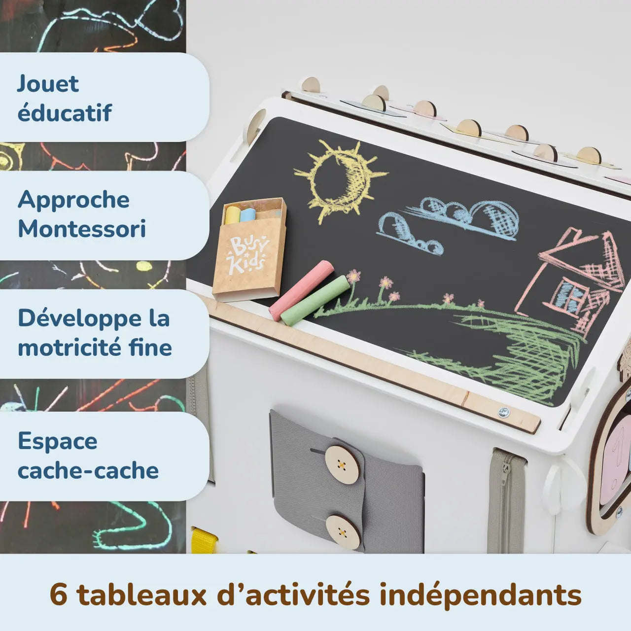 Ensemble - Busy board maisonnette blanche et cube interactif Busykids